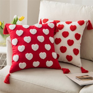 Cotton Embroidery Heart Lovely Tufted Tassel Geometric Pillow Pillowcase Cushion