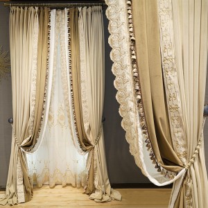 Europeane high-end light brown flannel curtains light luxury beige embroidered bedroom shading