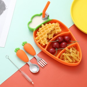Friendly Cartoon Carrot Baby Suction Silicone Dinner Plate Dish Divided Plates Set Kids Baby Silicone Dinnerware Set