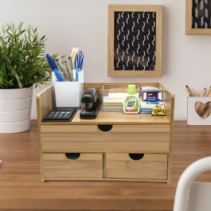 100% Natural Bamboo Desk Storage Box Wooden Office Supplies Desk Organizer with Drawers