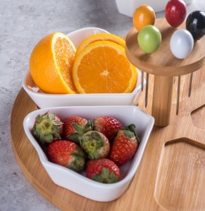 Ceramic Flower-shaped Snack Plate Seasoning Plate Fruit Dessert Bowl With Bamboo Wood Stand Kitchen Restaurant Hotel Tableware