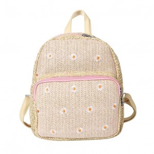 Summer Outdoor Women Daisy Lace Embroidery Travel Rucksack Custom Mini Woven Straw Backpack