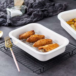 high quality kitchen tools rectangle white nonstick kitchenware baking tray ceramic bakeware with metal rack