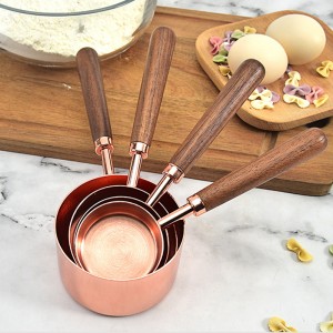 4 Sizes Wooden Handle Stainless Steel Rose Gold Measuring Cups and Spoons Set