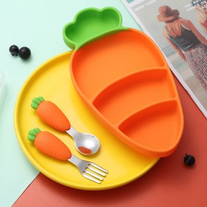 Friendly Cartoon Carrot Baby Suction Silicone Dinner Plate Dish Divided Plates Set Kids Baby Silicone Dinnerware Set