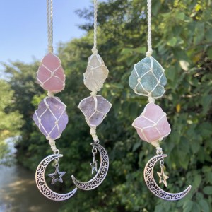 Colorful Handmade double Natural raw stone Hanging Car Ornament Decor Home Indoor Decoration Ornaments with moon star pendant