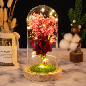 New Products Beauty and the Beast Rose in Glass Dome Eternal Rose with Led Lights Preserved Flower for Valentine Day