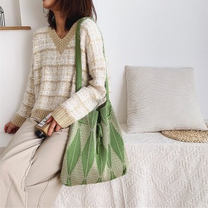 INS Korean Fashion Stripe Color Contrast Wool Knitting Bucket Tote Bag Woven Shoulder Messenger Bag
