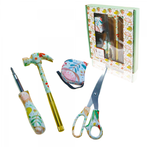 Creative Floral Printed 4 pcs Hand Tool Sets in Gift Boxes including Tape Measure Utility Knife Scissors and 6 in 1 Hammer