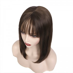 Synthetic wig chocolate color Bobo medium long hair straight hair with bangs