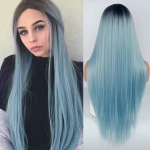 Women’s medium-parted long straight hair highlights gradient multi-color fashionable synthetic wig