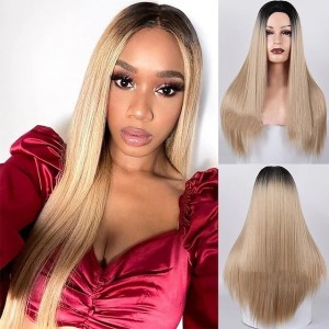 Women’s medium-parted long straight hair highlights gradient multi-color fashionable synthetic wig