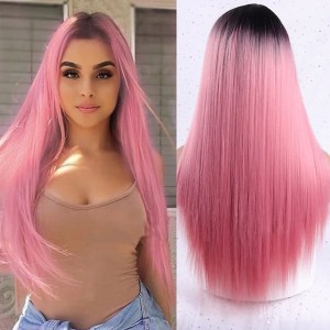 Women’s medium-parted long straight hair highlights gradient multi-color fashionable synthetic wig