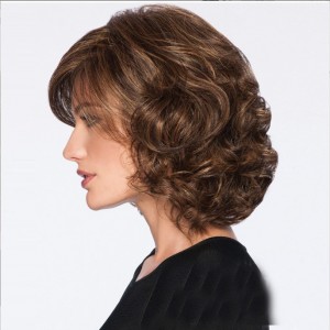 Women’s brown short hair slanted bangs fluffy curly hair synthetic wig