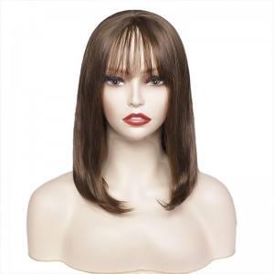 Synthetic wig chocolate color Bobo medium long hair straight hair with bangs