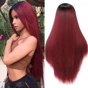 Women’s medium-parted long straight hair highlights gradient multi-color fashionable synthetic wig