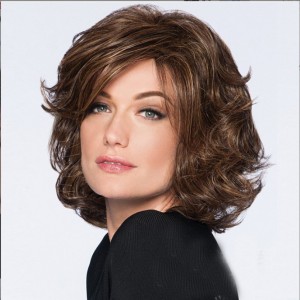 Women’s brown short hair slanted bangs fluffy curly hair synthetic wig