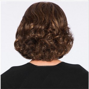 Women’s brown short hair slanted bangs fluffy curly hair synthetic wig