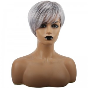 Hot Selling Gradient Silver Gray Ladies Short Hair Wig Oblique Bangs Synthetic Wig